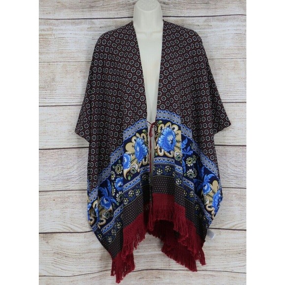 Umgee Womens Light Floral Duster Cover Up Size S/M or M/L Maroon Multicolor - Picture 1 of 6